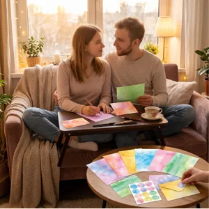 Cozy home scene showing a couple writing on colorful watercolor stationery and envelopes.