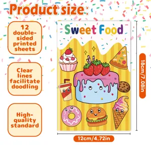 Detailed specifications for 12-sheet Sweet Food themed kids coloring book, 18x12cm size.