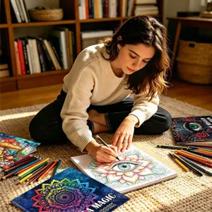 Young woman coloring a detailed mandala eye illustration in a cozy home library setting.
