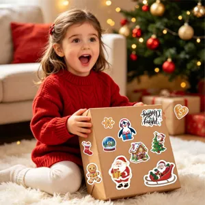 Detailed view of festive cartoon Christmas stickers on a gift box held by a child