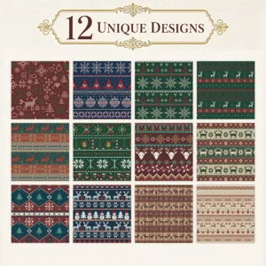 Detailed preview of 12 unique Christmas sweater patterns for scrapbooking and DIY cards