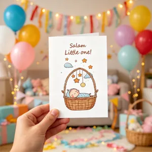 Detail van baby wenskaart met Salam Little One illustratie