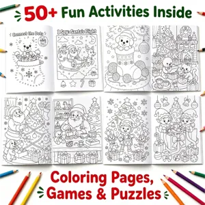 Children's Christmas coloring book with 50+ activities featuring Santa Claus and elves.