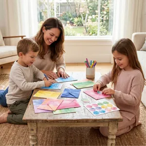 Detailed lifestyle scene showing a family using the 72-piece watercolor stationery set.
