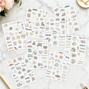 Detailed view of assorted German and English happy birthday stickers for scrapbooking and DIY