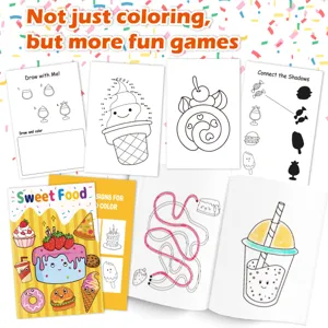 Interior pages of children's food themed coloring book with mazes and drawing activities