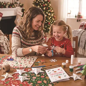 Gemütliche Feiertagsszene mit DIY-Weihnachts-Bastelpapier für kreative Bastelarbeiten