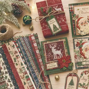 Detailed view of vintage watercolor Christmas DIY paper sheets and decorative holiday tags.