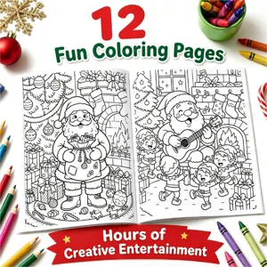 Detailed view of 12-page Christmas coloring book featuring Santa Claus and elves