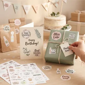 Detail view of decorative birthday stickers in German and English on gifts and cards