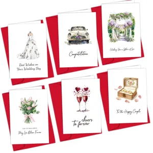 Juego de seis tarjetas de felicitación de boda únicas con ilustraciones en acuarela y sobres rojos.