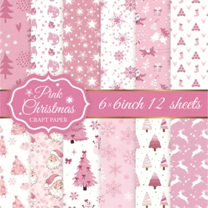Pink Christmas craft paper 6x6 inch 12 sheets for DIY scrapbooking and journal decor.