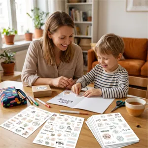 Mother and child decorating a card with these German and English birthday stickers.