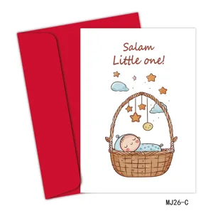 Salam Little One baby wenskaart met rode envelop en schattige mand illustratie