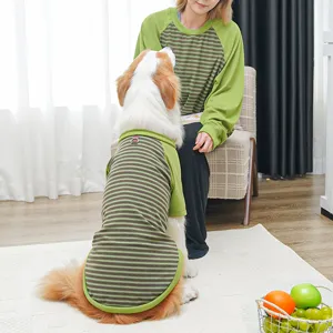 Matching striped pet dog clothes, green crewneck apparel for large golden retriever dogs.