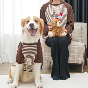 Pet striped two-leg clothes matching owner dog apparel round neck color block outfit for golden retriever