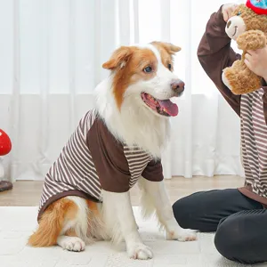 Detailed view of the stylish striped pet two-legged shirt, featuring a comfortable crewneck design.