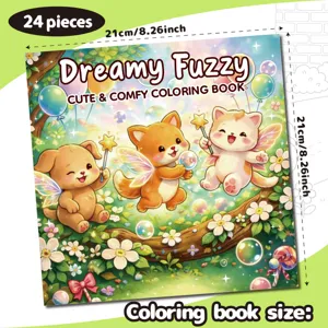 Detailed view of the Dreamy Fuzzy coloring book showing fairy animal illustrations and dimensions.