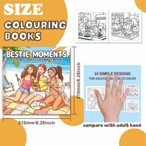 Square Bestie Moments coloring book with 24 cute designs and adult hand size comparison