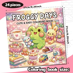 Detail view of cute frog coloring book showing 21cm size and 24 pieces quantity