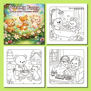 Detailed view of Dreamy Fuzzy cute animals coloring book cover and line art pages