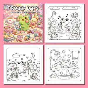 Cute Froggy Days coloring book pages for kids featuring singing and bathing frog line art.