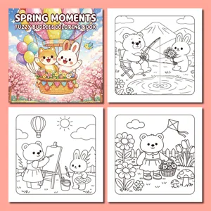 Detailed view of cute animal coloring book cover and black and white interior coloring pages.