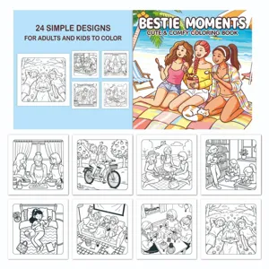 Detailed preview of 24 cute and comfy coloring book designs featuring friends' moments.