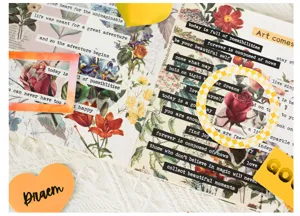 Vista detallada de pegatinas de citas vintage y marcos en una página de diario floral