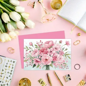 Top-down detailed view of floral Mother's Day greeting card with an elegant pink envelope