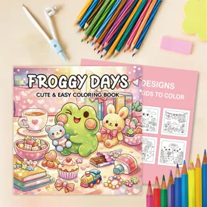 Close-up view of Froggy Days cute children coloring book with pencils and art supplies