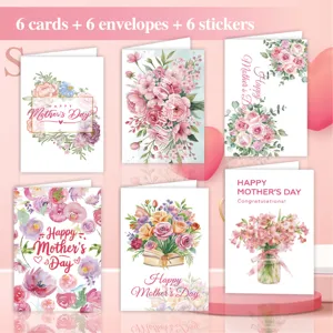 Floral Mother's Day greeting card set with 6 cards, 6 envelopes and 6 stickers