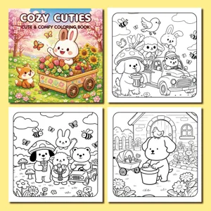 Dettaglio del libro da colorare Cozy Cuties con copertina e pagine di disegni al tratto