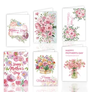 Set of 6 floral Mother's Day greeting cards with bouquets and white envelopes.