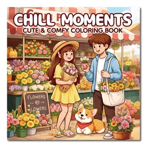 Libro da colorare Chill Moments con copertina cartoon di un fioraio per bambini