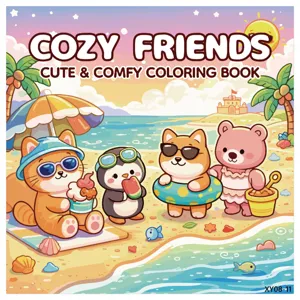 Copertina del libro da colorare Cozy Friends con simpatici animali in spiaggia