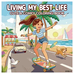Copertina dettagliata di un libro da colorare con scena di spiaggia e skate
