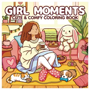 Copertina dettagliata del libro da colorare Cute & Comfy con una ragazza e animali.
