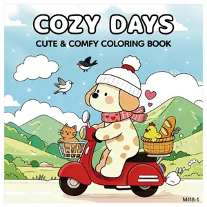 Copertina del libro da colorare Cozy Days con un simpatico cane su uno scooter rosso