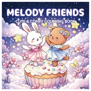 Copertina libro da colorare Melody Friends con coniglietto e orso su un cupcake