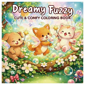 Libro da colorare Dreamy Fuzzy con volpe fata cane e gattino nella foresta incantata