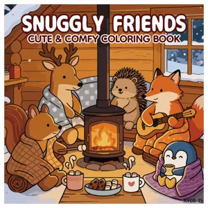 Simpatici animali intorno al camino su una copertina di un libro da colorare illustrato.