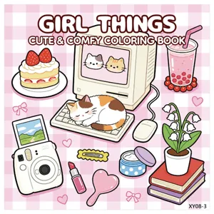 Illustrazione della copertina del libro da colorare kawaii con gatti carini, torta e fotocamera