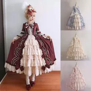 Γυναικείο Φόρεμα Lolita Μακρύ Μανίκι Vintage Court Princess Ruffle Bow Party Cosplay Costume Sweet Elegant Tiered Maxi Dress
