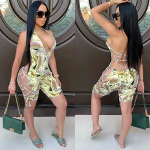 Sexy halter backless lace-up money print hollow jumpsuit for women summer clubwear