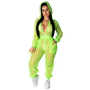 Neon grüne transparente Mesh Kapuzen Jumpsuit sexy langarm Reißverschluss Clubwear für Damen
