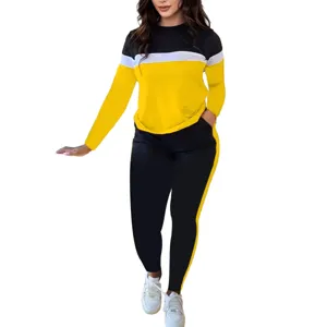 Stylish women color block long sleeve top and matching pants set detail view fashion