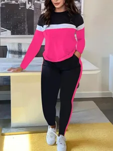 Stylish color block long sleeve top and pants tracksuit set for women detail view.