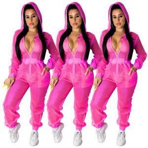 Sexy rosa transparente Mesh Kapuze Jumpsuit Damen Langarm Reißverschluss Overall