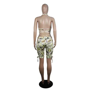 Sexy halter backless dollar print romper for women, trendy summer festival party clubwear.